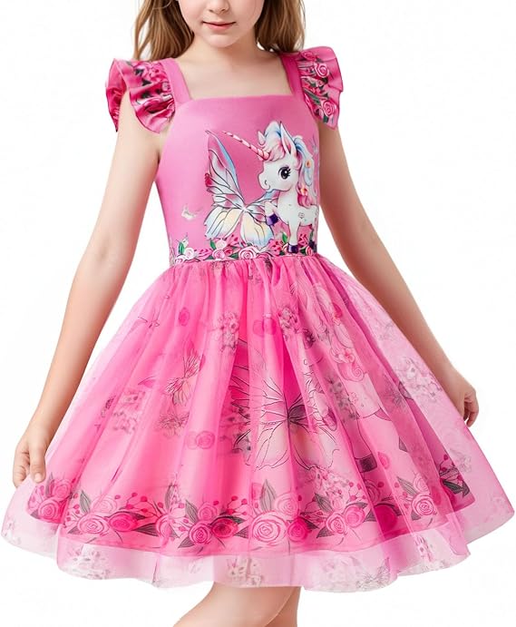 LQSZ Toddler Tutu Dress Unicorn Girls Fluffy Summer Dresses Party Tulle Sundress School for Kids 3-12Y