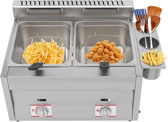 LYNICESHOP Stainless Steel Countertop Gas Fryer, Commercial LPG Gas Deep Fryer with 2 Basket Propane LPG Oil Frying Pot Kitchen Frying Machine Snack Fryer For French Fries Restaurant Home Kitchen