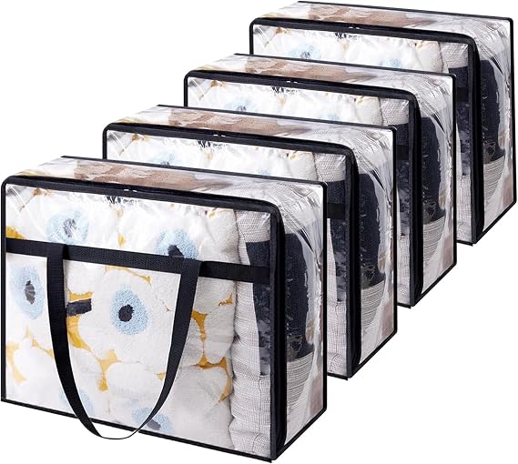 MEETOZ 4 Pack Clear Plastic Storage Bags, 40L Foldable Clothes Storage Boxes, Wardrobe Storage Organizer Moving Bins and Containers with Reinforced Handle for Loft Wardrobe for Bedding Clothes