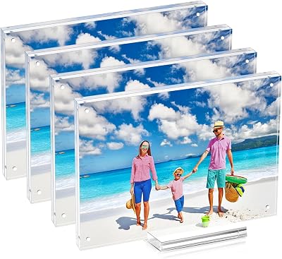 4 Pack 8x10 Magnetic Acrylic Picture Frame, Clear Double Sided Diploma Frame with Base, Frameless Floating Lucite Photo Frame Stands on Tabletop Horizontally or Vertically