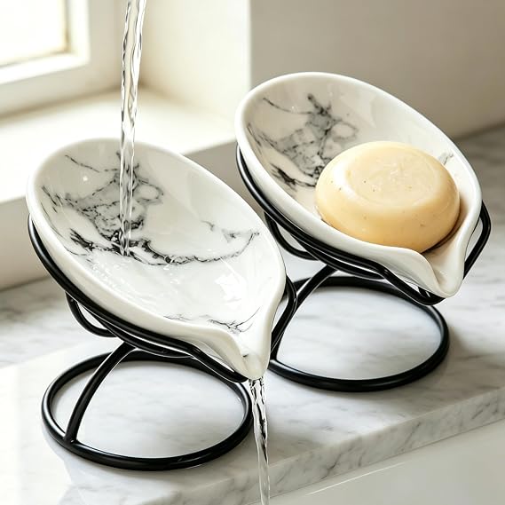 Dobbyby Leaf-Shaped Soap Dish Ceramic Soap Bar Holder with Self-Drainage System Bar Soap Holder for Shower, Bathroom Sink, Kitchen Soap Dish with Stainless Steel Stand (White-Black-2 Pack)