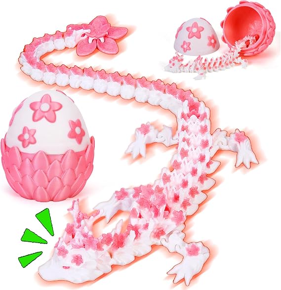 3D Printed Dragon Egg Pink, 12in Cherry Blossom Dragon Decor, Flexible Articulated Animals Fidget Toy for Kids Girls Sakura Decor