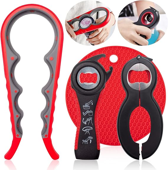 Bottle Opener Non-Slip Jar Gripper - 5 in 1 Multi-Function Pad Rubber Can Lid Opener for Weak, Senior, Arthritis Hands (4-Piece Set)