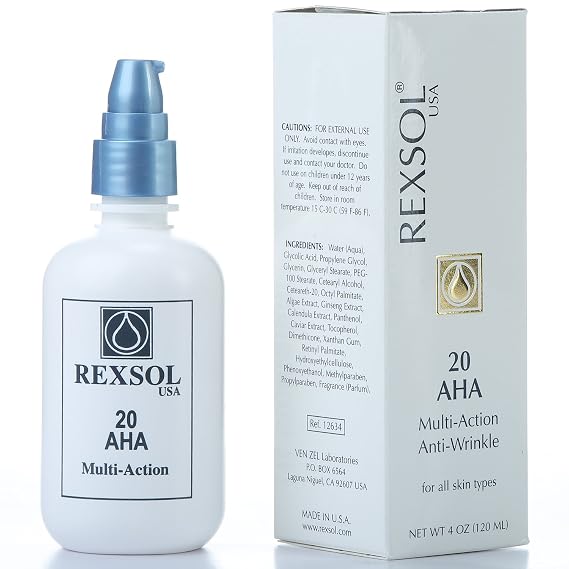 REXSOL 20 AHA Multi-action Anti-Wrinkle Cream | With Vitamin E, Algae Extract, Ginseng Extract, Calendula Extract, Caviar Extract | Diminishes appearance of fine lines & wrinkles. (120 ml / 4 fl oz)