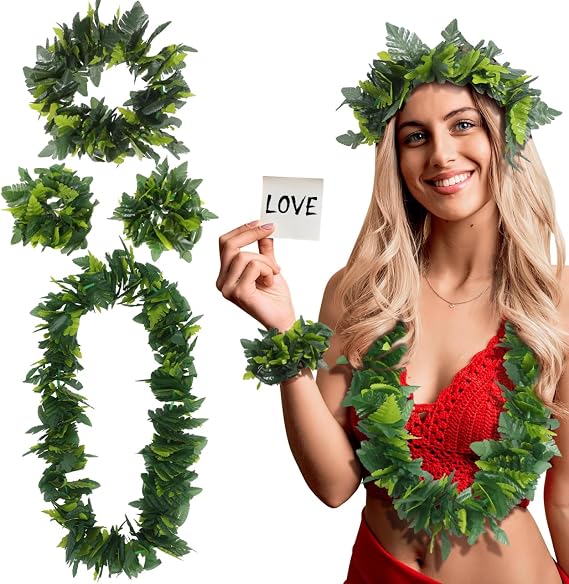 Healeved 4pcs in Hawaiian Leis for Luau Party Artificial Leaves Headband Necklace Loop Bracelet Green Hawaiian Garland Leaf Lei for Summer Luau Beach Pool Party