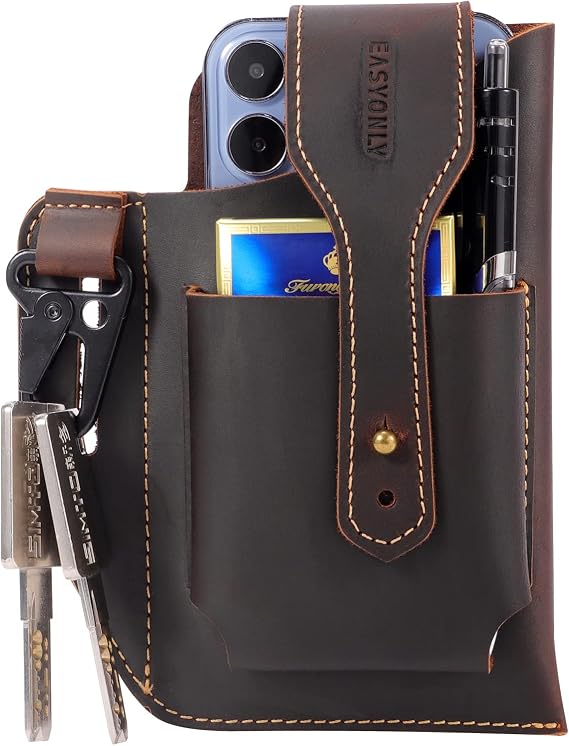 Genuine Leather Phone Holster,Universal Cell Phone Case with Snap Closure & Belt Clip, Leather Pouch for iPhone 16/15/14 Pro Max & Samsung Galaxy S24/S23 Ultra,Universal Belt Pouch for Men with Case