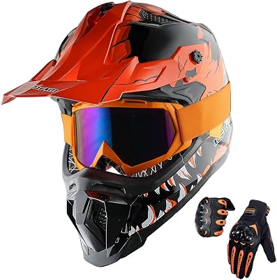 1Storm Adult Motocross Helmet ATV Dirt Bike BMX MX Downhill Mountain Helmet Track Style JH601; Dinosaur Orange  Goggles  Skeleton Orange Glove Bundle