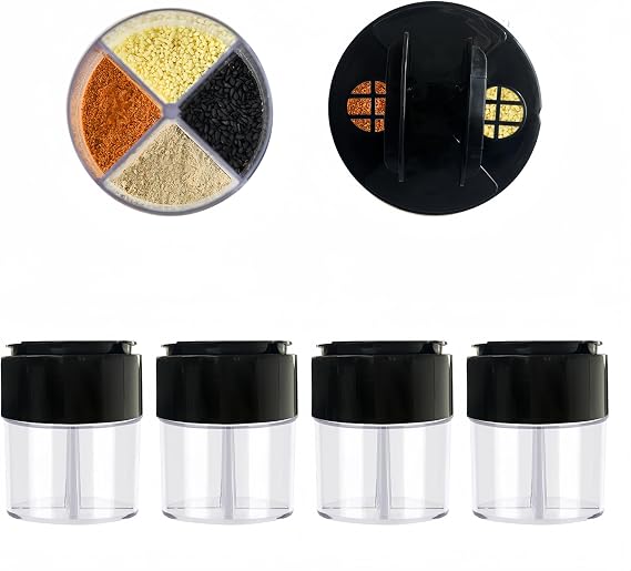 4-Pack 4 in 1 Salt and Pepper Shaker Jars Bottles, 4-Grid Flip Lid Spice Jars - Cylindrical Empty Plastic Seasoning Containers with Transparent Body for Travel Camping BBQ Kitchen Cooking (Black)