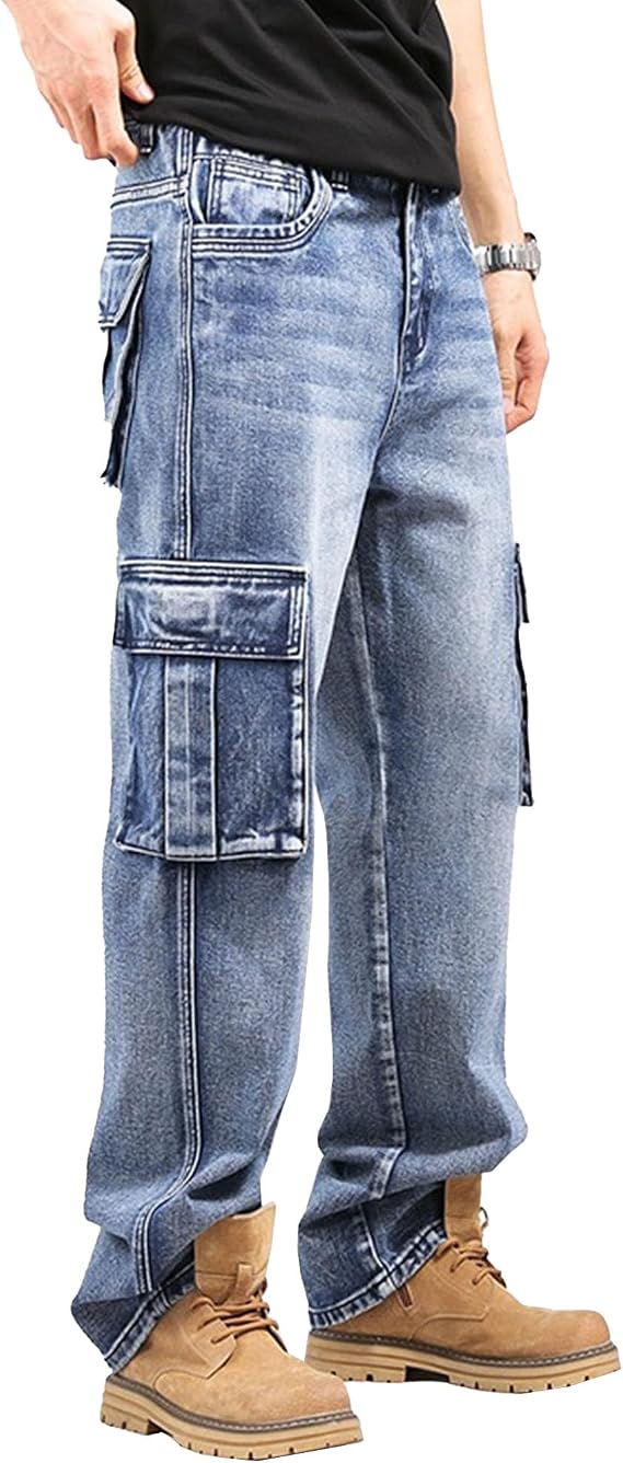 Men's Cargo Baggy Jeans with Multiple Pockets Casual Motorcycle Denim Cargo Pants Loose Fit Wide-Leg Baggy Jeans