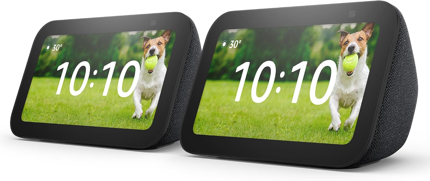 Echo Show 5 (Newest gen), Smart display and alarm clock with clearer sound, Charcoal, with Alexa+ Early Access (Pack of 2)