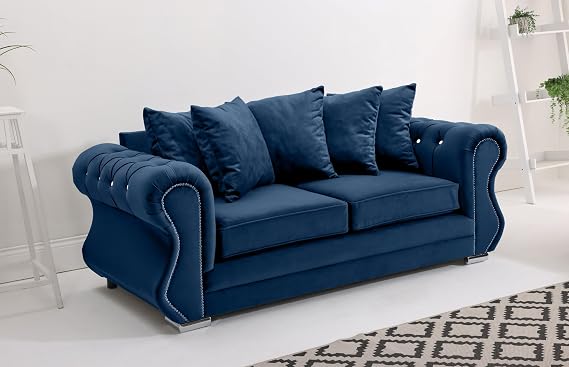 Sofahub Falcon Blue Plush Velvet 3 Seater Sofa | Scatterback Upholstered Fabric Couch with Foam Cushions, Button Tufted Arms & Chrome Feet | Living Room Furniture