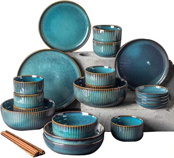 Porcelain Dinnerware Set, Ceramic Plates and Bowls Sets, Modern Creativity Vintage Lounge Round Reactive Glaze Stoneware Dishes Set for Kitchen/Dining, Service for 8 Beauty