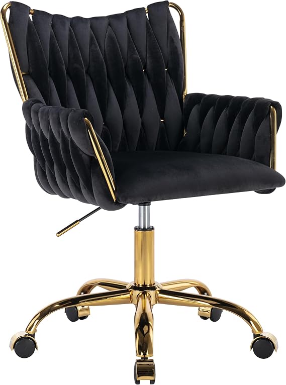 Westice Velvet Desk Chair, Hand Woven Height Adjustable Swivel Chair, Black