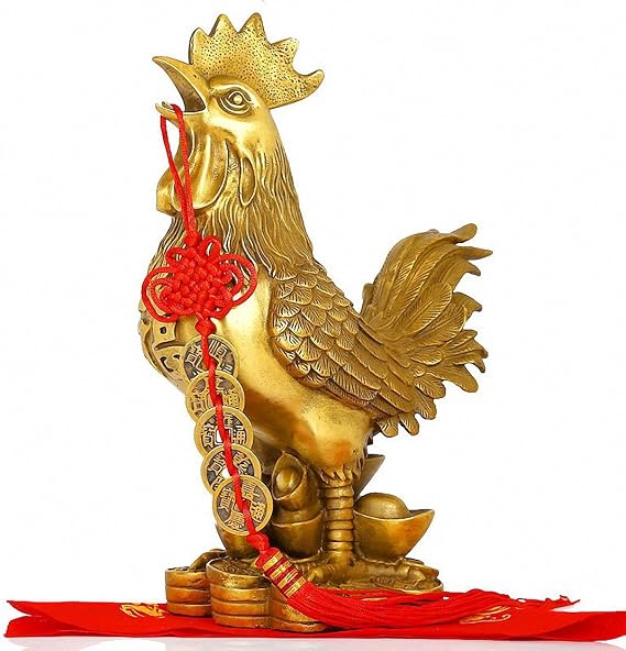 Chinese Zodiac Rooster Year Golden Brass Rooster Collectible Figurines + Free Set of 5 Lucky Charm Ancient Coins on Red String, Chinese Charm of Prosperity Home Decoration Gift,Feng Shui Decor