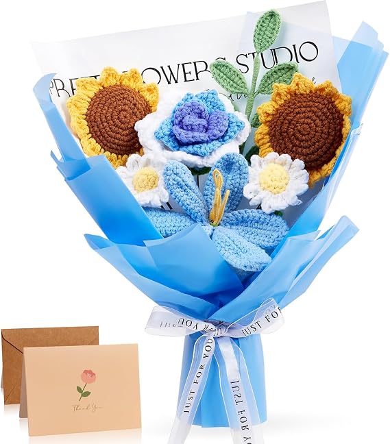 ZHIYUXI Blue Crochet Flower Bouquet Crochet Sunflowers Handmade Knitted Flower Bouquet for Wedding Anniversary Birthday Valentines Day Blue Gifts for Women Men for Dad Husband