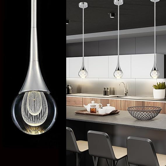 Crystal Pendant Light - Elegant LED Chandeliers Ceiling Fixture for Kitchen Islands, Dining Rooms, Bedroom, and Bar - Adjustable Height Raindrop Light, Silver Finish [Energy Class G]
