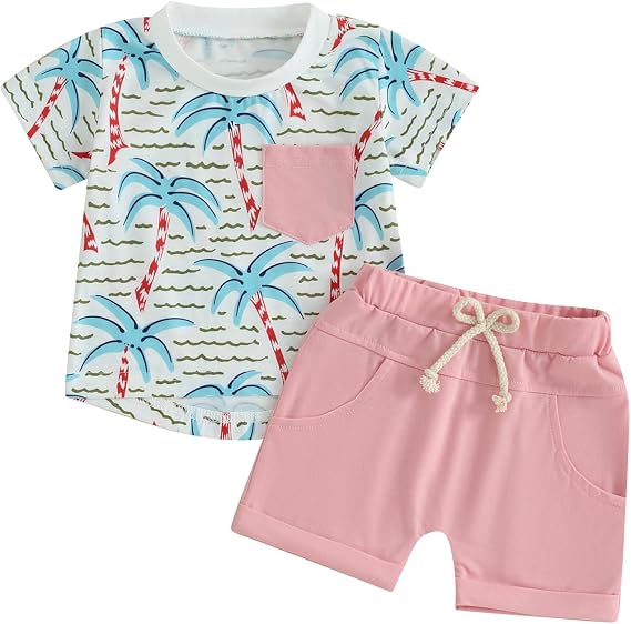 Toddler Baby Boy Clothes Beach Short Sleeve Palm Print Hawaiian T-Shirt and Drawstring Shorts Set Summer Outfit
