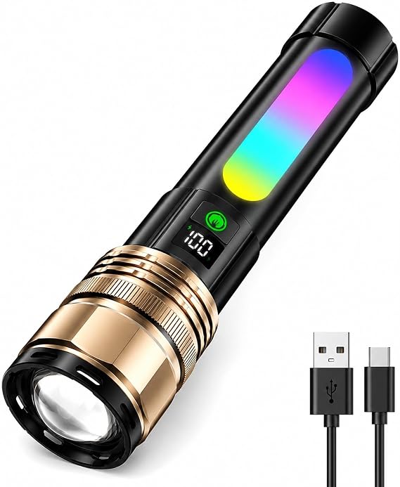 5-Color RGB LED Flashlight with LCD Display, UV Light & 10 Modes - Rechargeable Aluminum Zoomable Flash Light, High Lumens for Outdoor, Camping, Emergency Use
