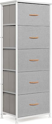 Mifuro Tall Dresser for Bedroom with 5 Drawers, Vertical Storage Organizer Tower, Chest of Drawers with Fabric Bins, Steel Frame, Wood Top for Bedroom, Closet, Entryway- Light Grey