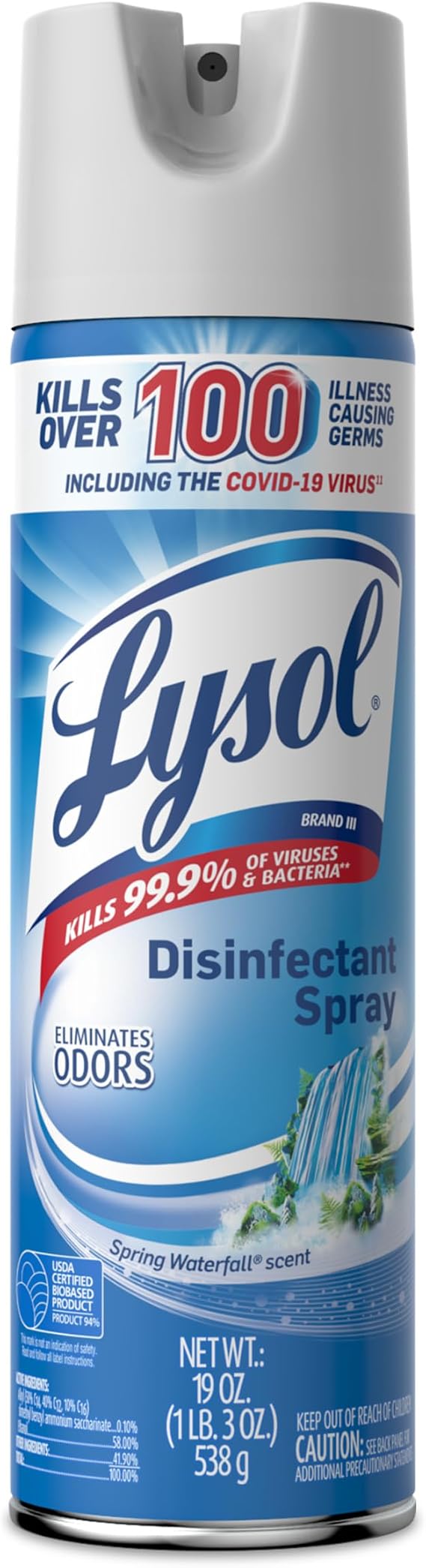 Lysol Disinfectant Spray, Household Cleaning Supplies, Disinfecting Multi-Purpose Room Spray, Antibacterial Sanitizer, Deodorizer, Kills Hantavirus, Spring Waterfall, 19 Fl Oz