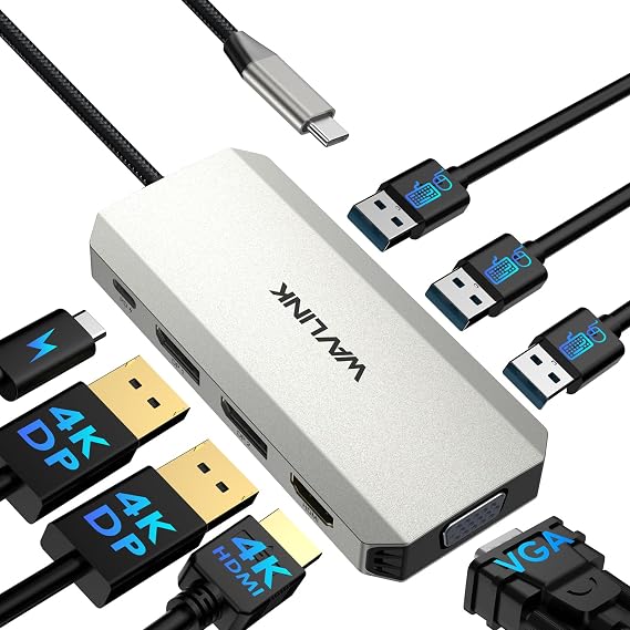 WAVLINK Laptop Docking Station Quad Monitor Docking Station with Dual DP HDMI VGA 100W PD IN 3 USB A2.0 for Wireless Devices Compatible with