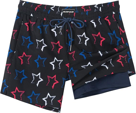 SURF CUZ Mens Swim Trunks with Compression Liner Quick Dry Swim Shorts Swimming Trunks 2 in 1 Bathing Suit Zipper Pockets