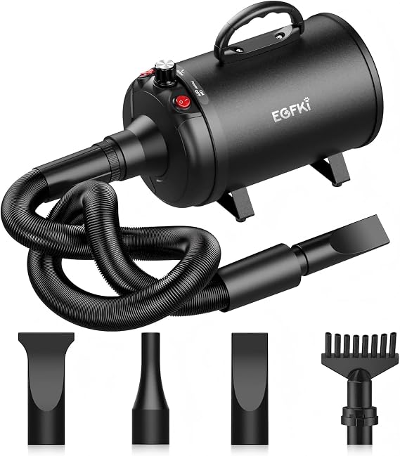 EGFKI Dog-Hair-Dryer, 5.2HP/ 3800W High Velocity Pet Blow Dryer with Heater for Grooming, Speed Temperature Adjustable Dog Blower Grooming Dryer with 4 Nozzles
