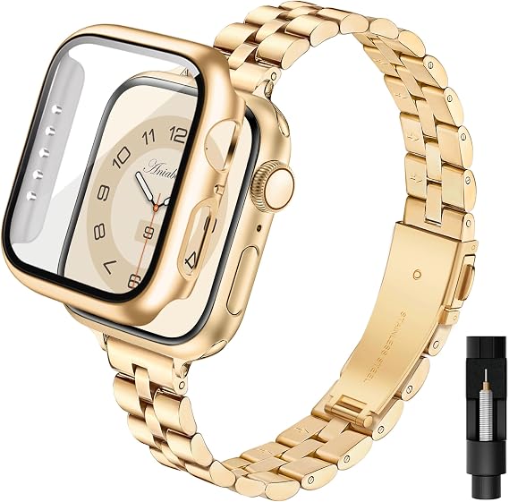 Kompatibel mit Apple Watch Armband 40mm mit Schutzhülle Edelstahl Metall iWatch Armband Damen mit Hülle für Apple Watch SE 3 2 1 Series 6 5 4 40mm Schmuck für Fraue(Gold)