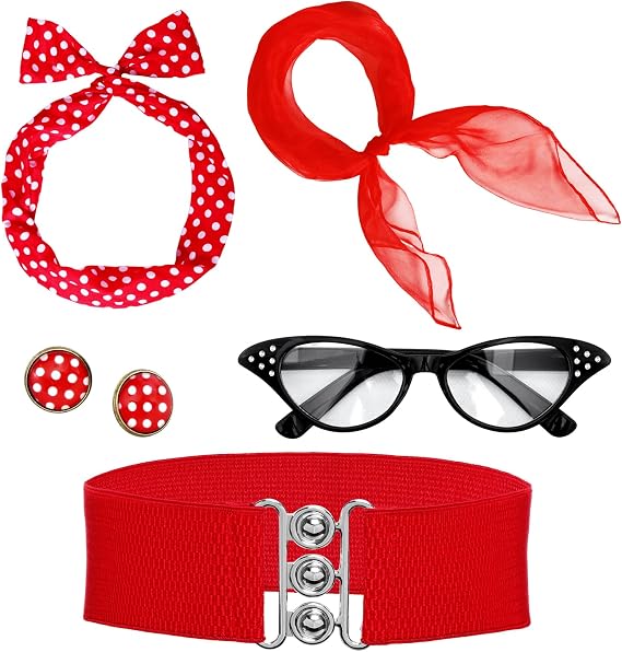 Fumwase 5PCS 1950s Costume Accessories for Women Earring Scarf Cat Eye Glasses Headband Waistband for Hallowmas
