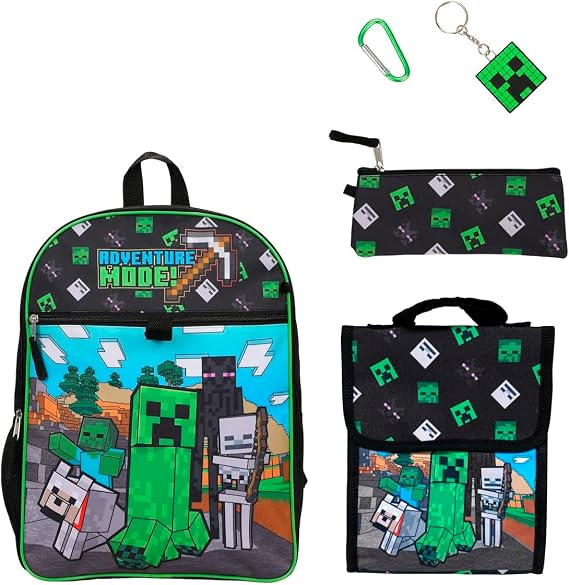 MINECRAFT 5-piece Set: 16 Backpack, Carabiner, Utility case, Lunchbox and keychain