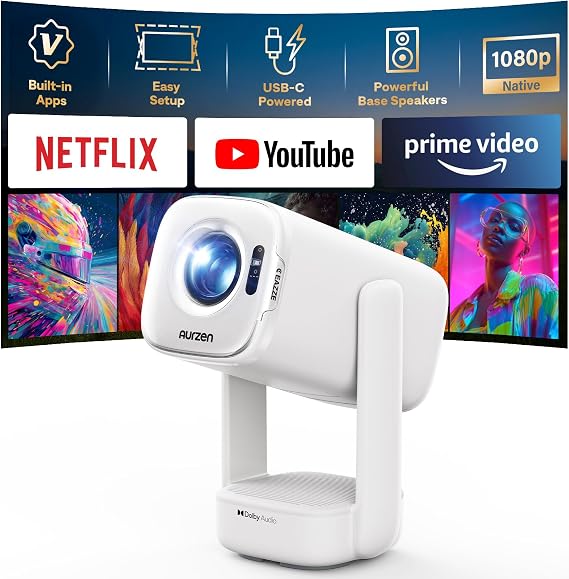 Aurzen D1 air Smart Portable Projector, Built-in Netflix app, Native 1080P HDR10, 4K Supported, USB-C Powered, TOF Auto Focus/Keystone, Dolby Audio, Projector for Bedroom, White