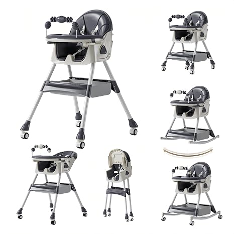 Baby High Chairs Baby High Chair with Removable Double Panels and Wheels with Comfortable Storage Toddler Dining Chair with Swing Mode and 3 Reclining Positions (560 Grey)