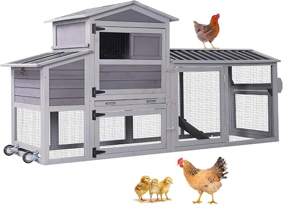 Aivituvin 83in Chicken Coop Mobile Hen House Outdoor Wooden Poultry Cage with Wheels Nesting Box Run for 2-4 Chickens