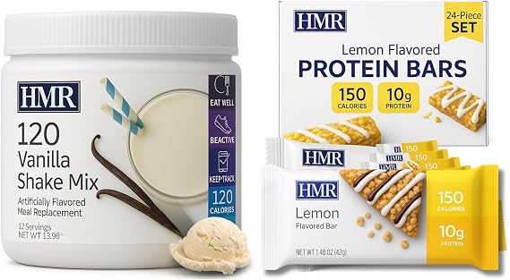 HMR 120 Vanilla Shake Meal Replacement Powder (12 Servings) with Lemon Protein Bar (24 Count)