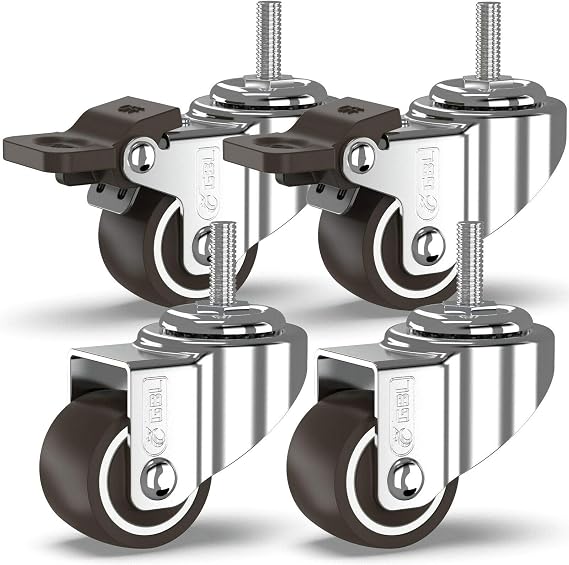 GBL 1" inch Small Caster Wheels with 2 Brakes + Screws M6x15mm - 90Lbs - Low Profile Castor Wheels with Brakes - Set of 4 No Floor Marks Silent Casters