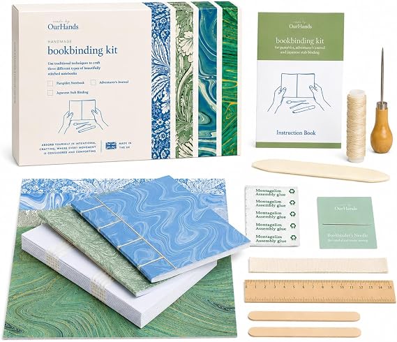 OurHands Bookbinding Kit DIY Kit to Create Custom Soft-Cover Notebooks - Includes Materials for 3 Notebook Styles, Bookbinding Tools, and Step-by-Step Instructions
