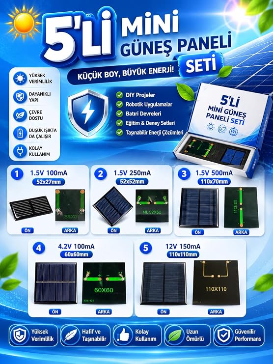 Mini Güneş Paneli Seti 5’li Solar Panel Paketi (1.5V / 4.2V / 12V)