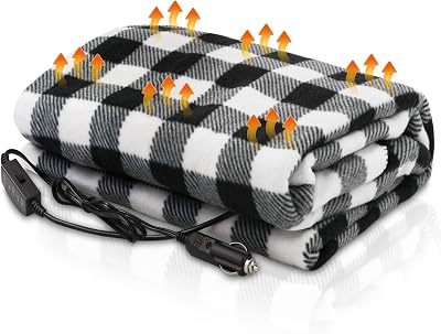 Heated Car Blanket, 12V Heated Blanket for Car Truck SUV RV, Portable Heated Blanket with 2 Heat Levels Soft Throw Blanket for Road Trips Camping Emergency Use Fast Heating Black White Plaid