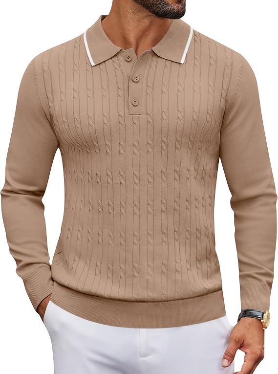 COOFANDY Men's Polo Sweater Casual Long Sleeve Knit Polos Button Down Collared Golf Pullover Sweaters