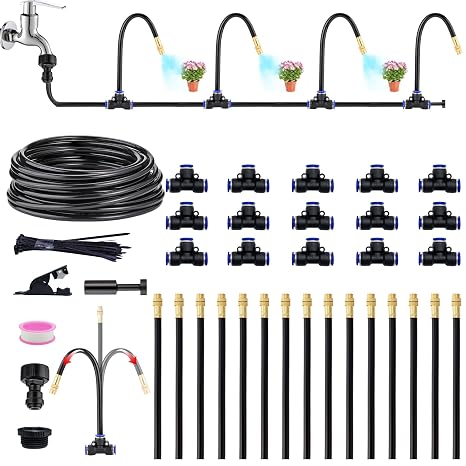 360°Bendable Automatic Irrigation System, 50Ft Adjustable Garden Watering Misting System for Outdoor Cooling System, Trampoline, Greenhouse, Lawn, Plant, Water Mister Nozzles Thread Sprayer 0.043"