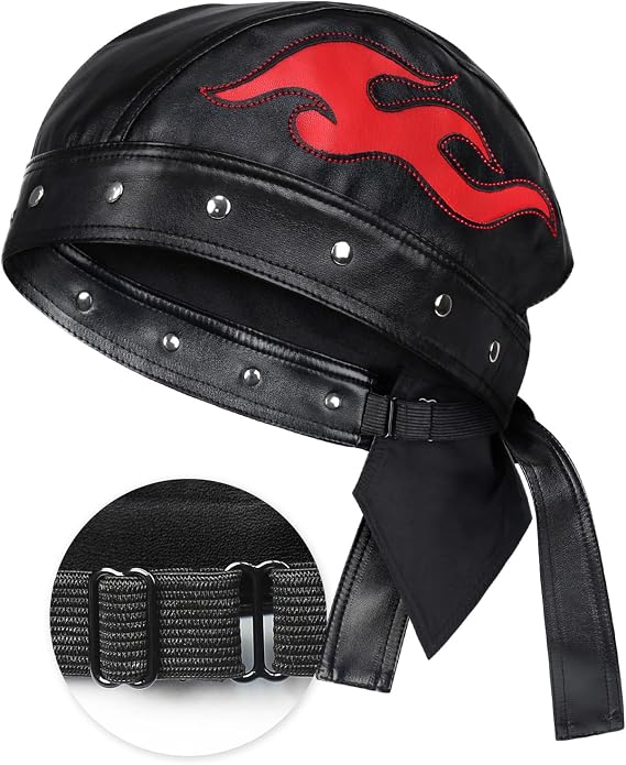 Hachapy Leather Biker Cap for Women Adjustable Strap Motorcycle Skull Cap with Embroidery