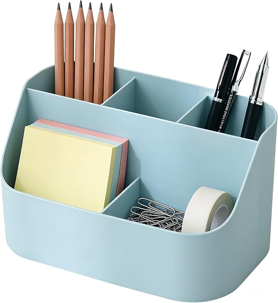 Pen Holder Desk Organizer Office Storage Desktop Organizers and Accessories Home Organizer Bedside Table Organizer Makeup Organizer, Pencil Holder with 5 Compartments (Blue)
