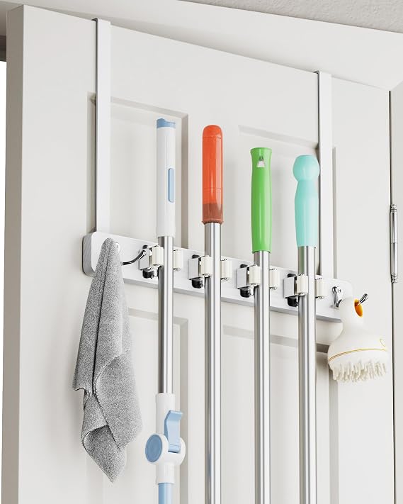 BS-VOG Over the Door Broom and Mop Holder, Broom Hanger, 4 Slots & 4 Hooks