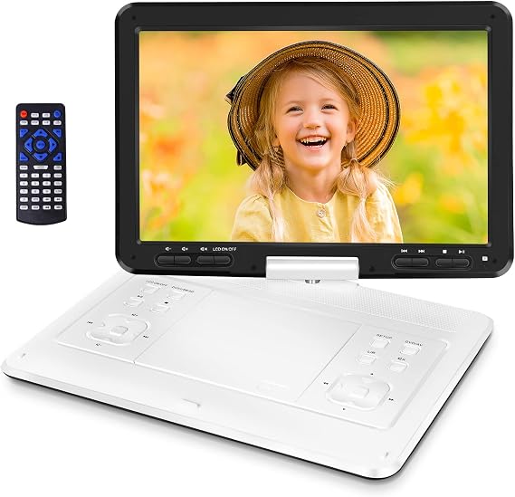 HotHat Portable DVD Player with 14.1" HD Screen, Region-Free | Swivel & Screen Buttons, 6-Hour Battery, Car Charger, USB/SD/TV Sync, Dual Speakers, White
