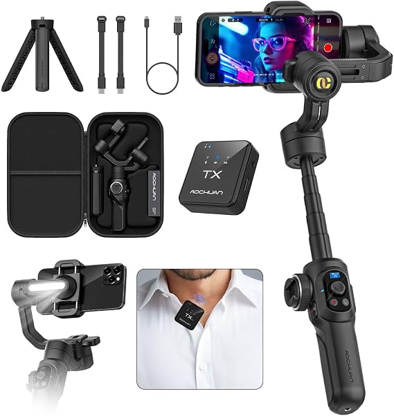AOCHUAN S2 Smartphone Gimbal Stabilizer w/Wireless Lavalier, Built-in 18cm Extension Rod & Fill Light, Professional 3-Axis Gimbal for iPhone & Android for Video Recording