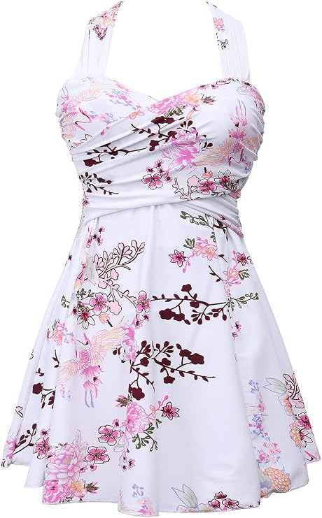 Women's Elegant Crossover One Piece Swimdress Floral Skirted Swimsuit