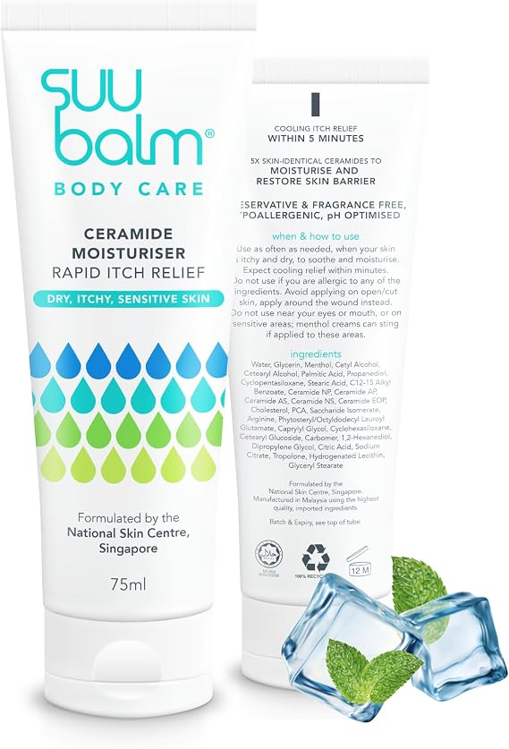 Suu Balm - Itch Relief Cream, Menthol & Ceramide Body Moisturiser - Itch Relief in 5 Minutes - Psoriasis, Dry, Sensitive Skin, Eczema Treatment (75ml))