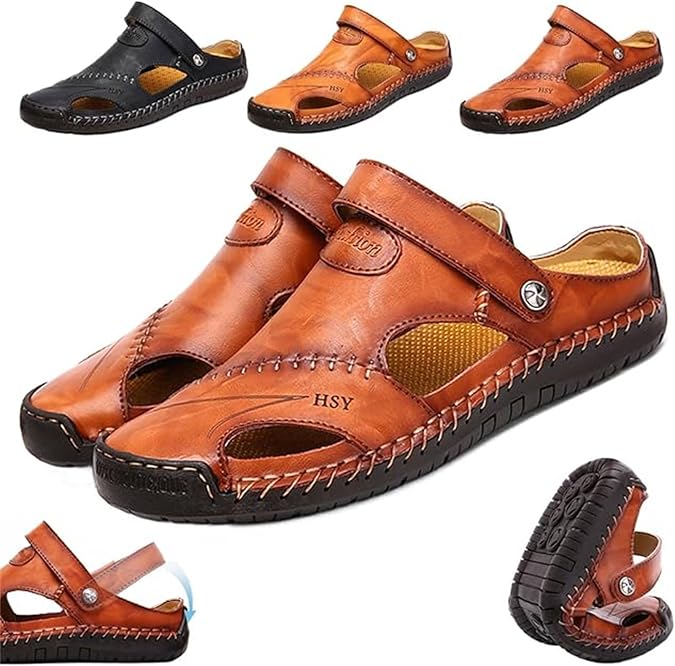 Large Size Soft Leather Men's Breathable Outdoor Sandals Orthopedic Hollow-out Summer Sandals Closed Toe Walking Sandals