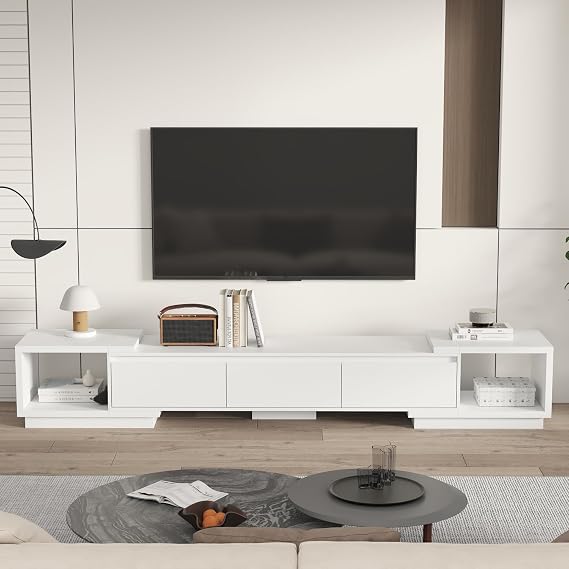 AIEGLE Deformable TV Console with 3 Drawers, Modern Extendable TV Stand in Stretch of 65"-106" Wide, Wood Media Gaming Entertainment Center, White