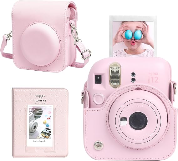 CAIYOULE Camera Case for Fujifilm Instax Mini 12 Instant Film Camera | Protective Camera Case, Camera Crossbody Bag for Fuji Mini 12 with Photo Album, Adjustable Shoulder Strap, Blossom Pink